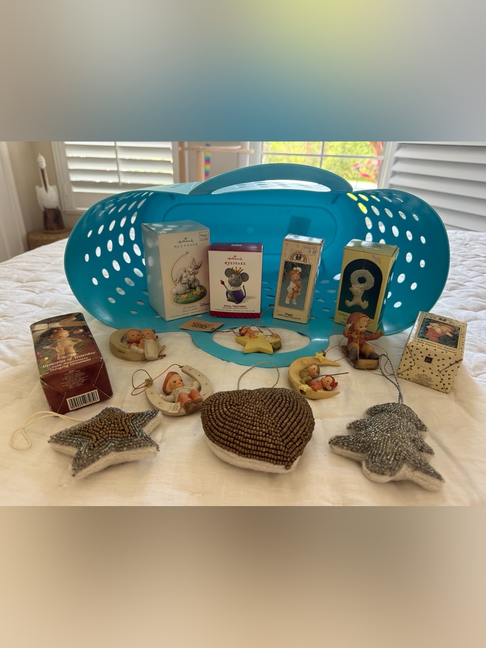 Basket of 14 Christmas Ornaments. Hallmark, Enesco etc.